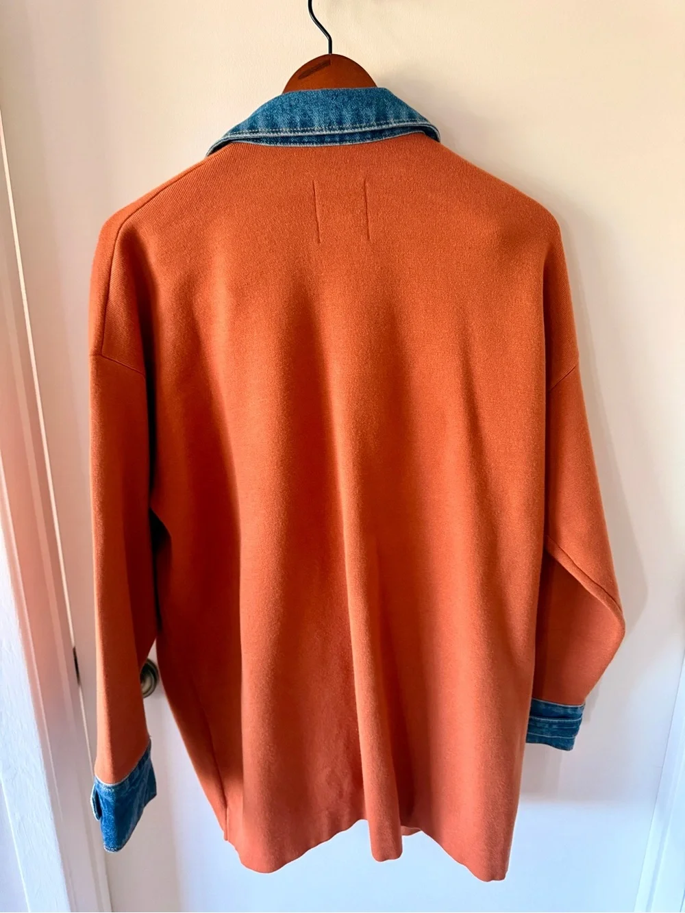 Sandro Paris | Rust Knit Jacket with Denim Trim & Gold Buttons Size L / 2 Paris - Picture 2 of 4